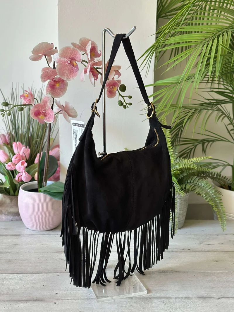 Hobo Bag a Spalla con Frange in Vera Pelle Scamosciata a Spalla Nera