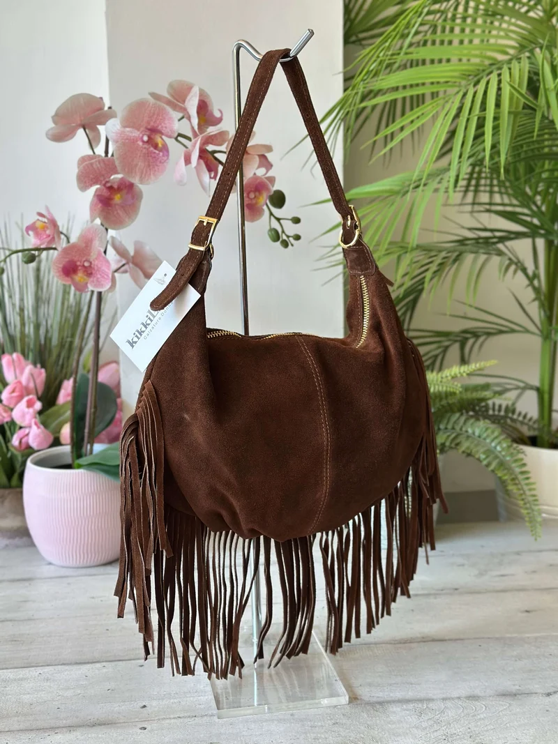 Hobo Bag a Spalla con Frange in Vera Pelle Scamosciata a Spalla Marrone