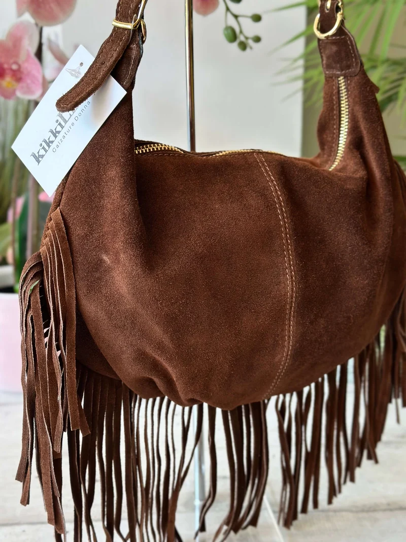 Hobo Bag a Spalla con Frange in Vera Pelle Scamosciata a Spalla Marrone