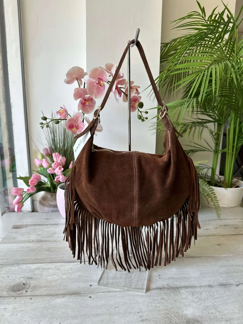 Hobo Bag a Spalla con Frange in Vera Pelle Scamosciata a Spalla Marrone