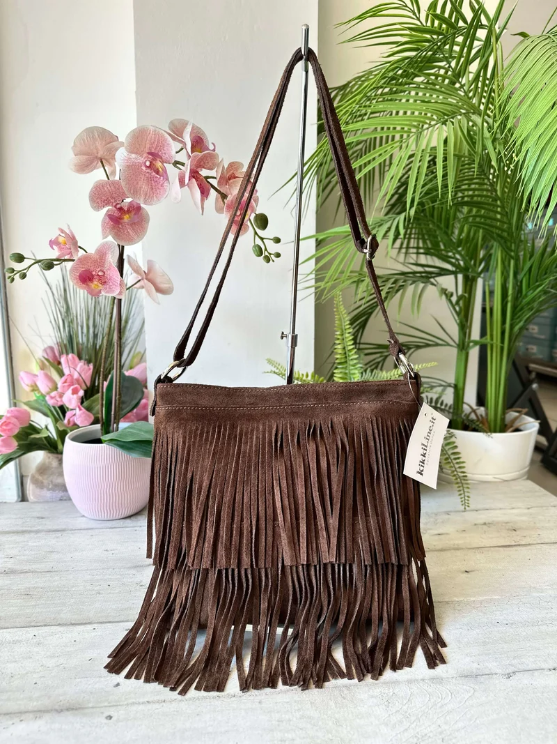 Borsa con Frange Marrone Cowboy Style Anelli Argento a Tracolla Vera Pelle Scamosciata FENICE