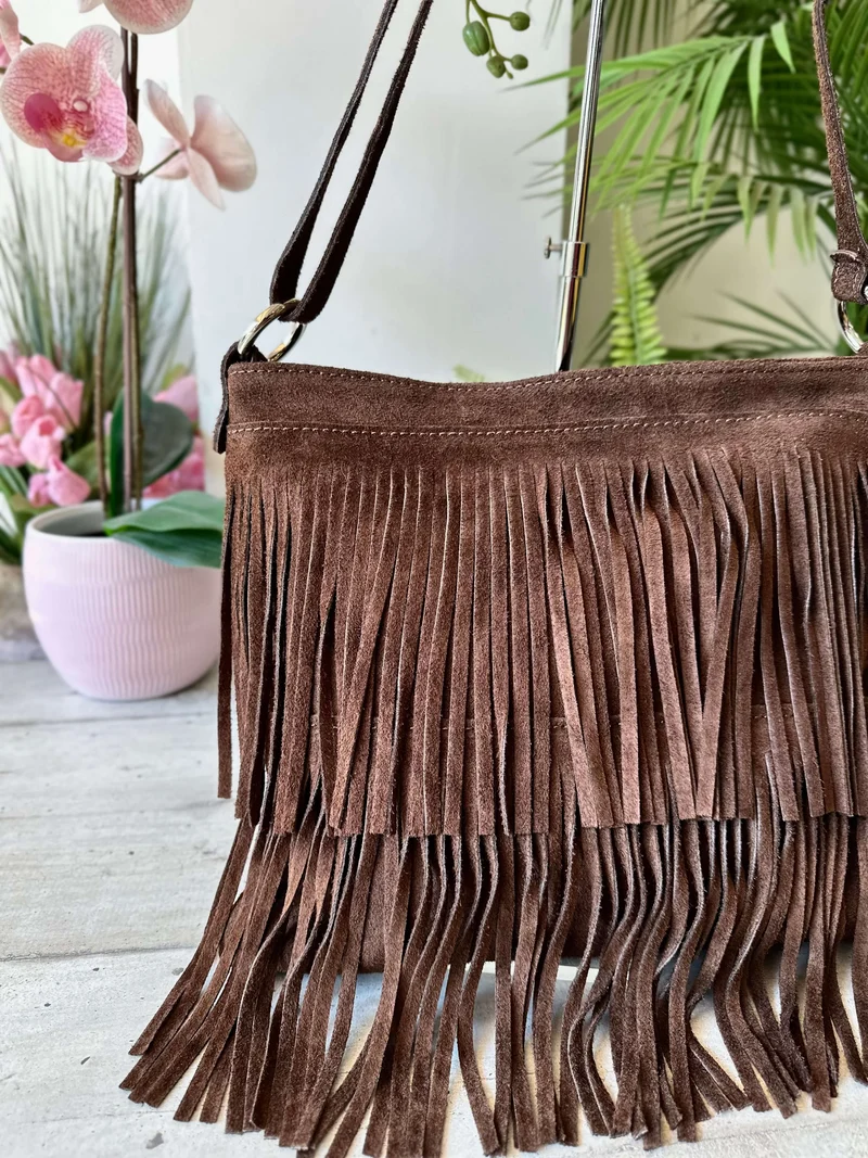 Borsa con Frange Marrone Cowboy Style Anelli Argento a Tracolla Vera Pelle Scamosciata FENICE