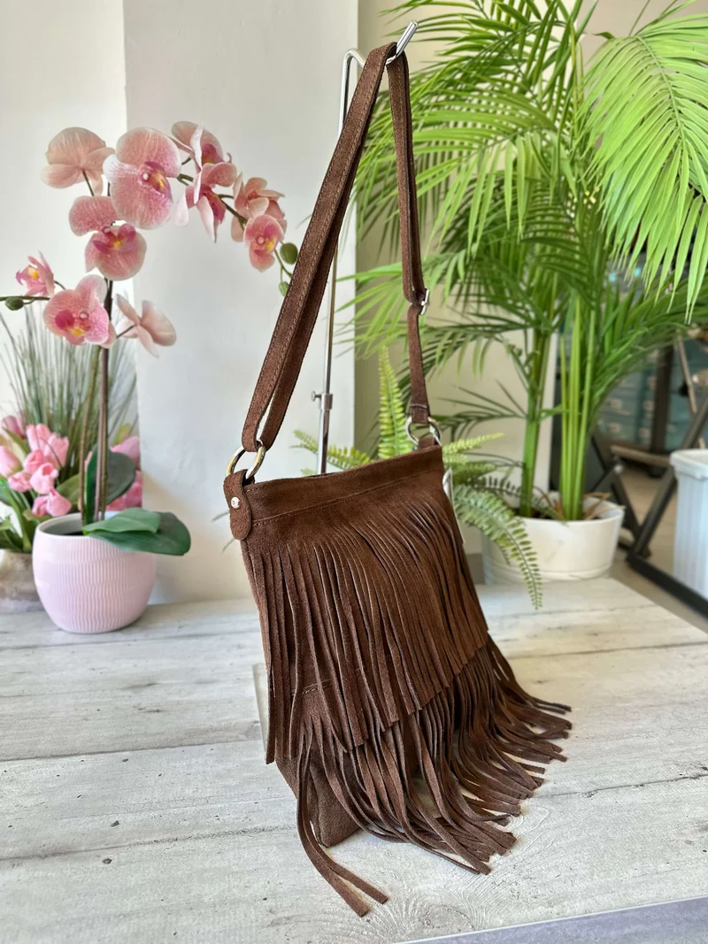 Borsa con Frange Marrone Cowboy Style Anelli Argento a Tracolla Vera Pelle Scamosciata FENICE