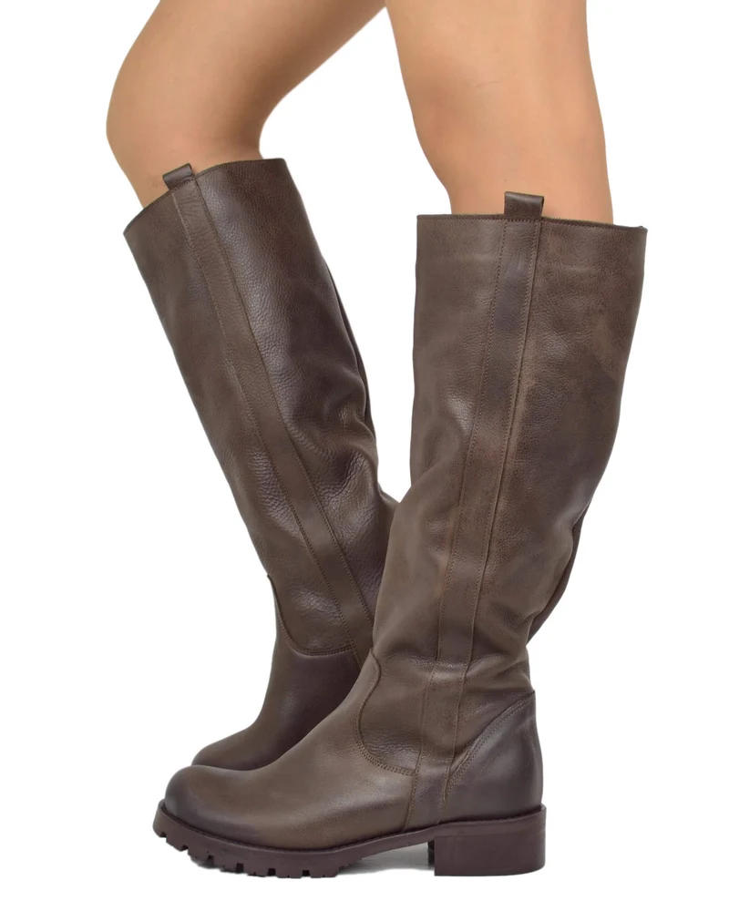 Stivali Donna in Pelle Vintage Marrone Fondo in Gomma Made in Italy