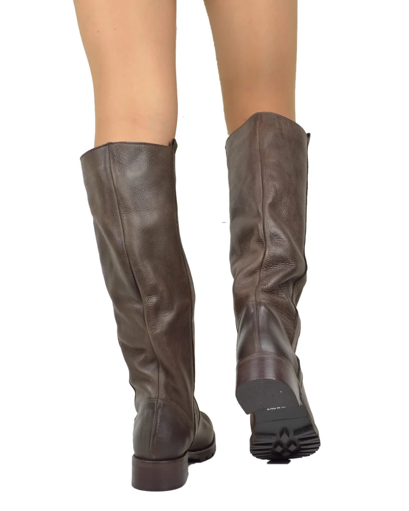 Stivali Donna in Pelle Vintage Marrone Fondo in Gomma Made in Italy