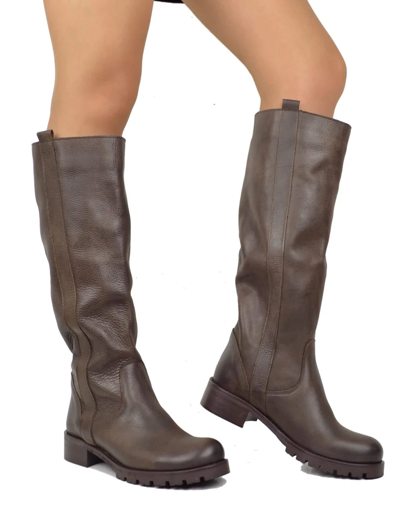 Stivali Donna in Pelle Vintage Marrone Fondo in Gomma Made in Italy
