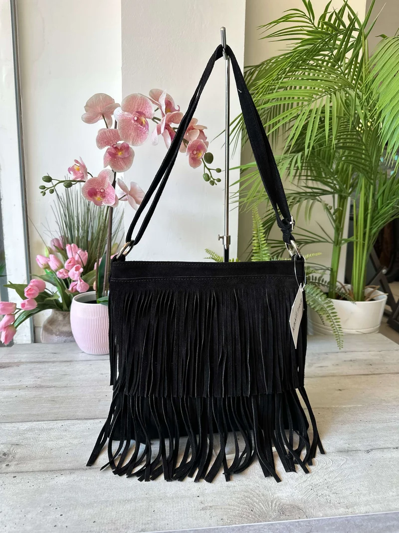 Borsa con Frange Nera Cowboy Style Anelli Argento a Tracolla Vera Pelle Scamosciata FENICE