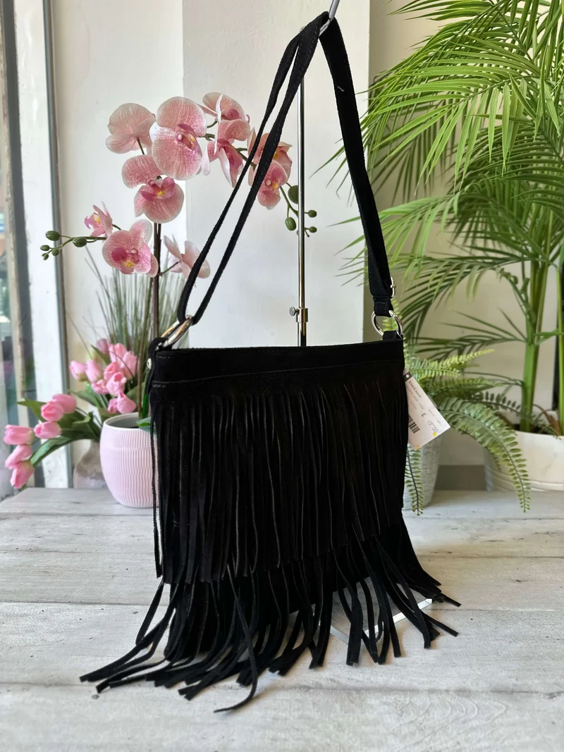 Borsa con Frange Nera Cowboy Style Anelli Argento a Tracolla Vera Pelle Scamosciata FENICE