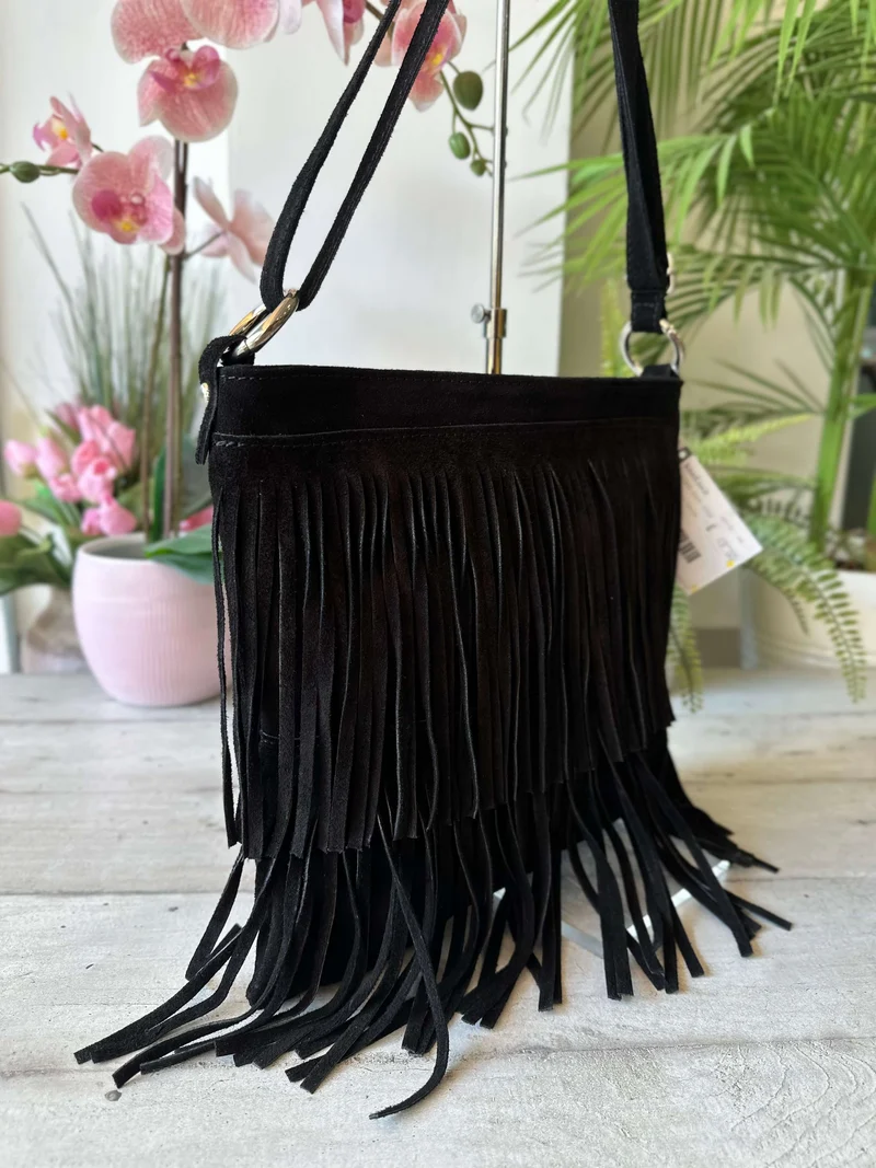Borsa con Frange Nera Cowboy Style Anelli Argento a Tracolla Vera Pelle Scamosciata FENICE