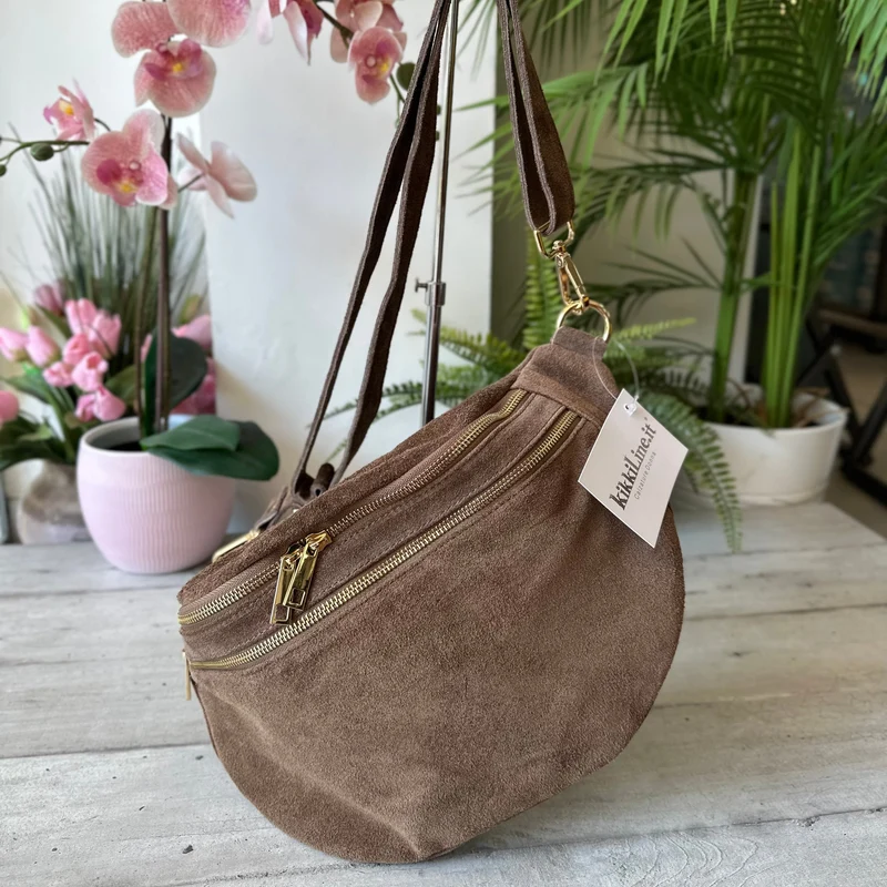 Marsupio Grande con Zip Vera Pelle Scamosciata Zip Dorate Noemi Taupe