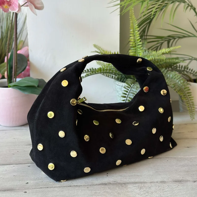 Borsa Hobo Grande a Spalla Pelle scamosciata Nera Borchie Oro SARA
