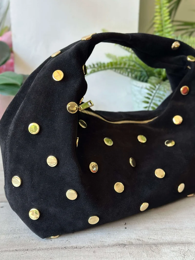 Borsa Hobo Grande a Spalla Pelle scamosciata Nera Borchie Oro SARA