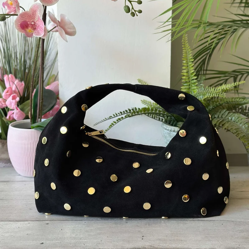 Borsa Hobo Grande a Spalla Pelle scamosciata Nera Borchie Oro SARA