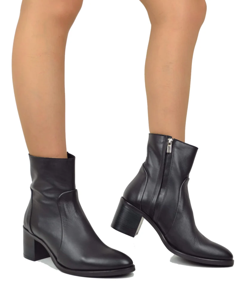 Stivaletti alla Caviglia Eleganti Classici in Vera Pelle Tacco Largo 6 Centimetri