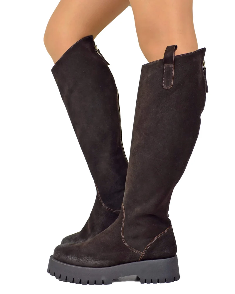 Stivali Biker Fondo Alto Platform Pelle Scamosciate Zip Retro Marroni Gambale Largo