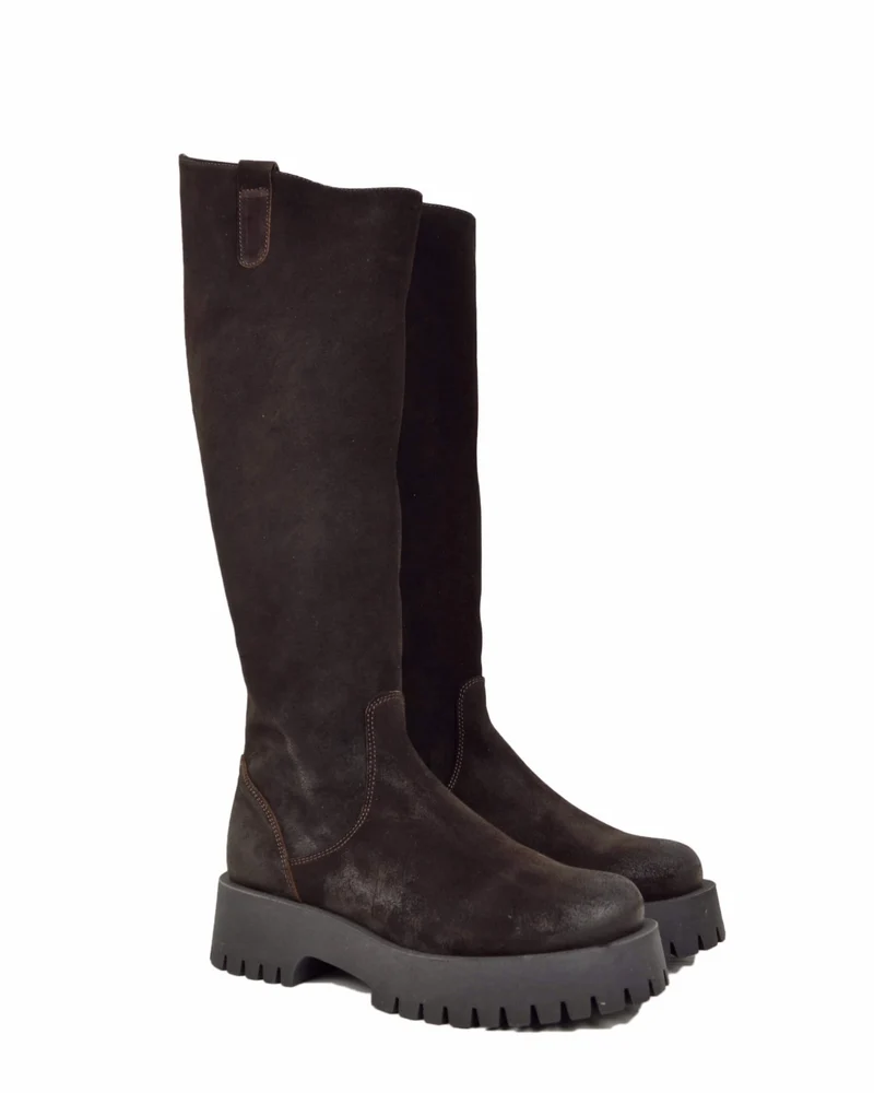 Stivali Biker Fondo Alto Platform Pelle Scamosciate Zip Retro Marroni Gambale Largo