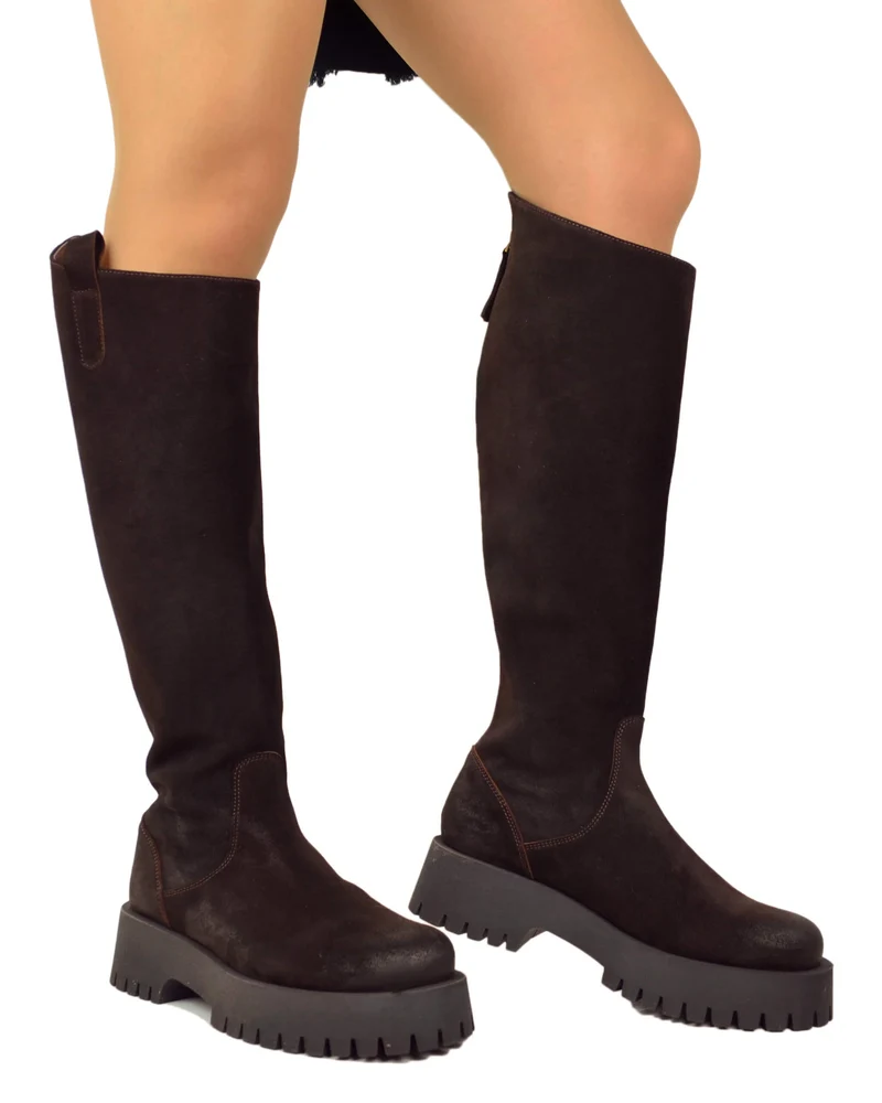 Stivali Biker Fondo Alto Platform Pelle Scamosciate Zip Retro Marroni Gambale Largo