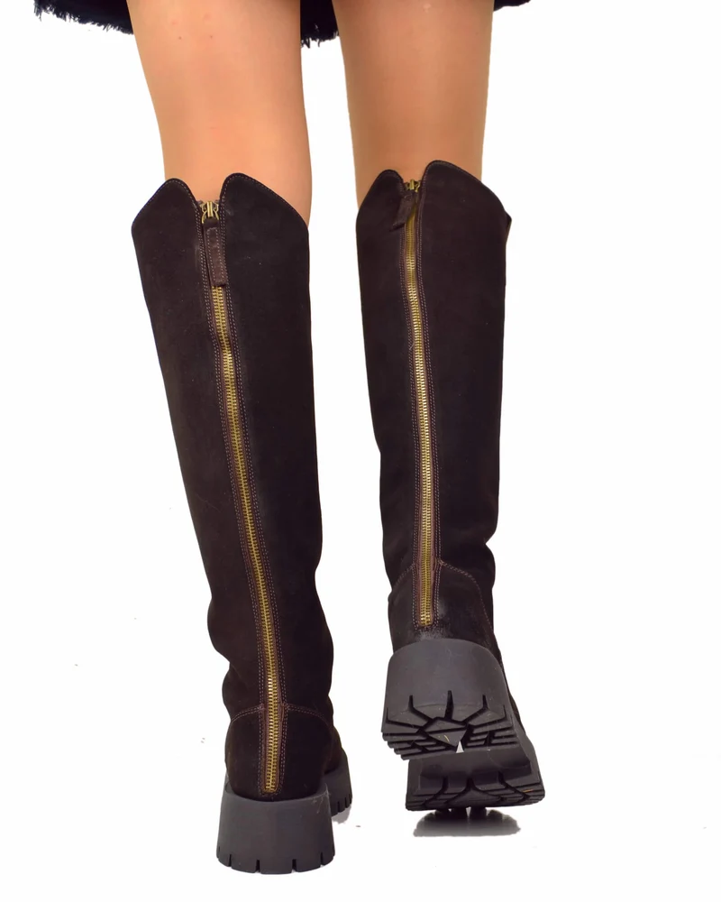 Stivali Biker Fondo Alto Platform Pelle Scamosciate Zip Retro Marroni Gambale Largo