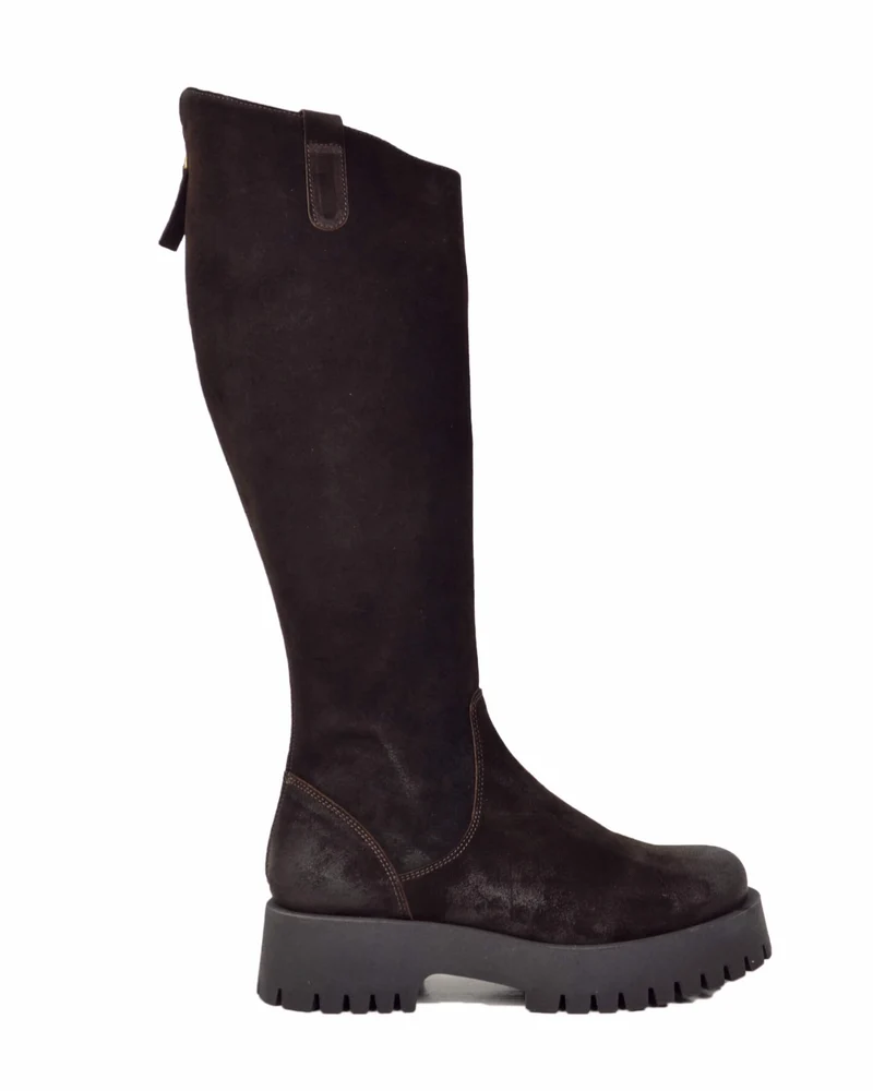 Stivali Biker Fondo Alto Platform Pelle Scamosciate Zip Retro Marroni Gambale Largo