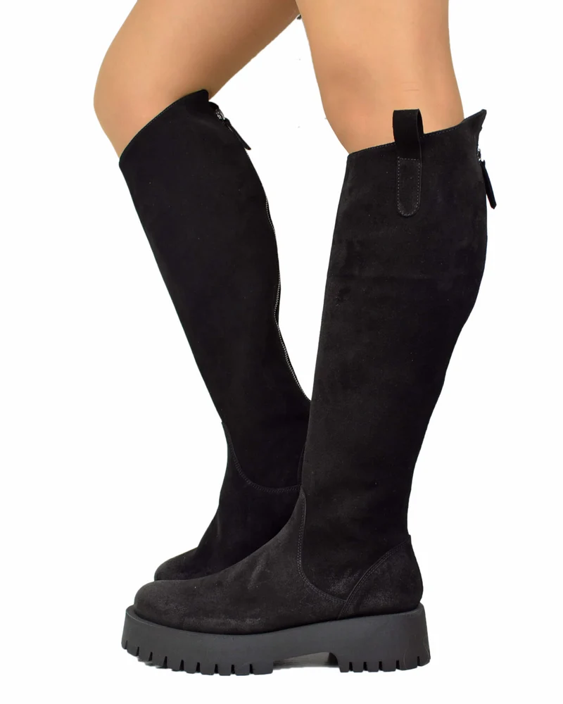 Stivali Biker Fondo Alto Platform Pelle Scamosciate Zip Retro Nero Gambale Largo