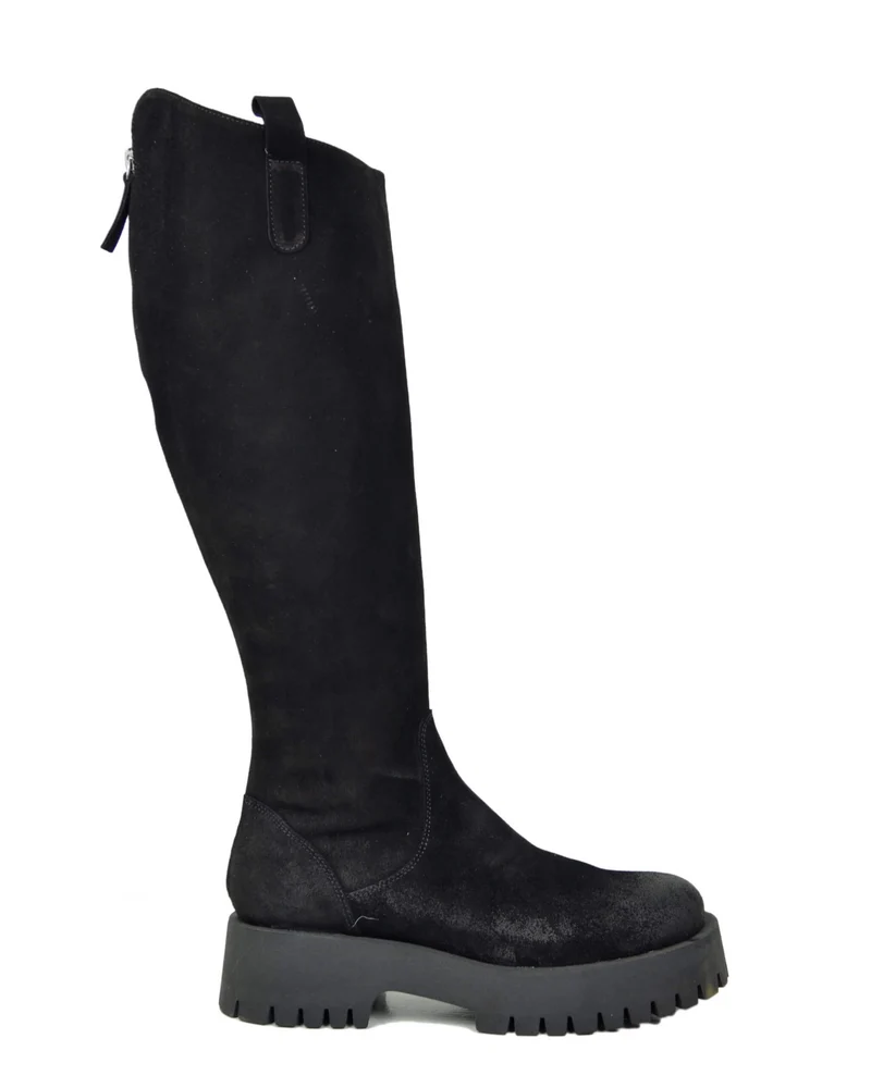 Stivali Biker Fondo Alto Platform Pelle Scamosciate Zip Retro Nero Gambale Largo