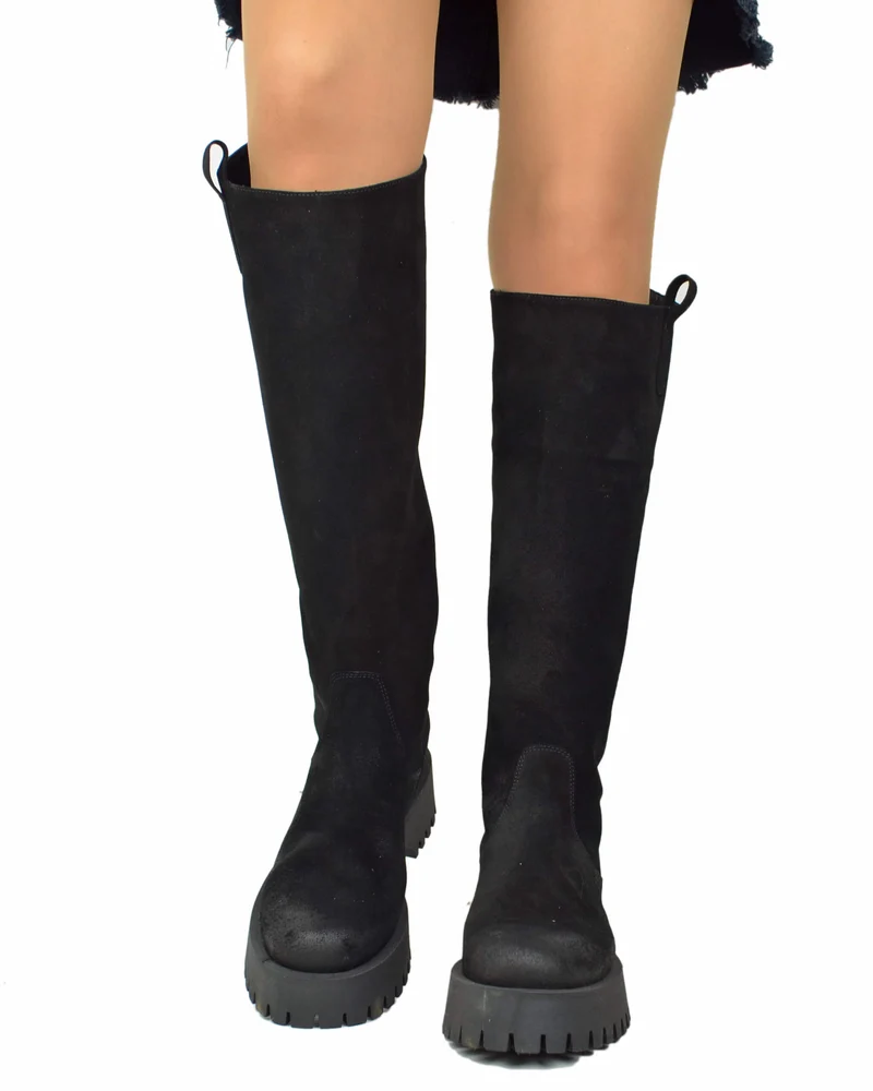Stivali Biker Fondo Alto Platform Pelle Scamosciate Zip Retro Nero Gambale Largo