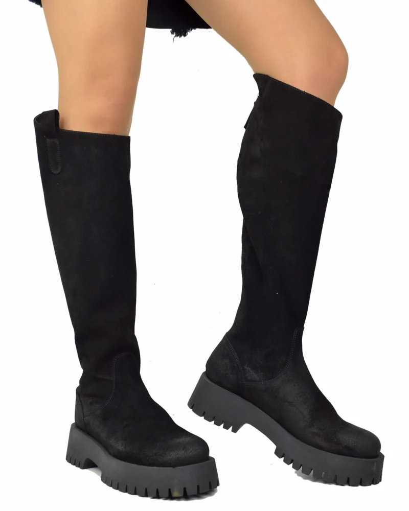 Stivali Biker Fondo Alto Platform Pelle Scamosciate Zip Retro Nero Gambale Largo