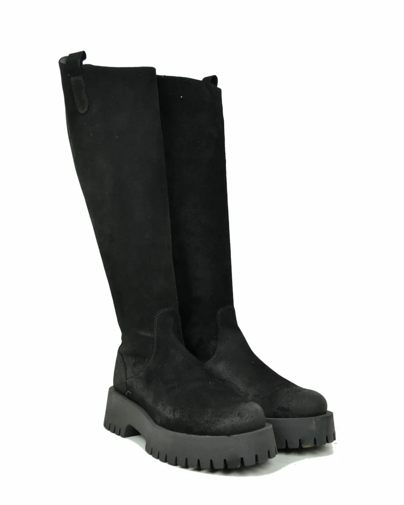 Stivali Biker Fondo Alto Platform Pelle Scamosciate Zip Retro Nero Gambale Largo