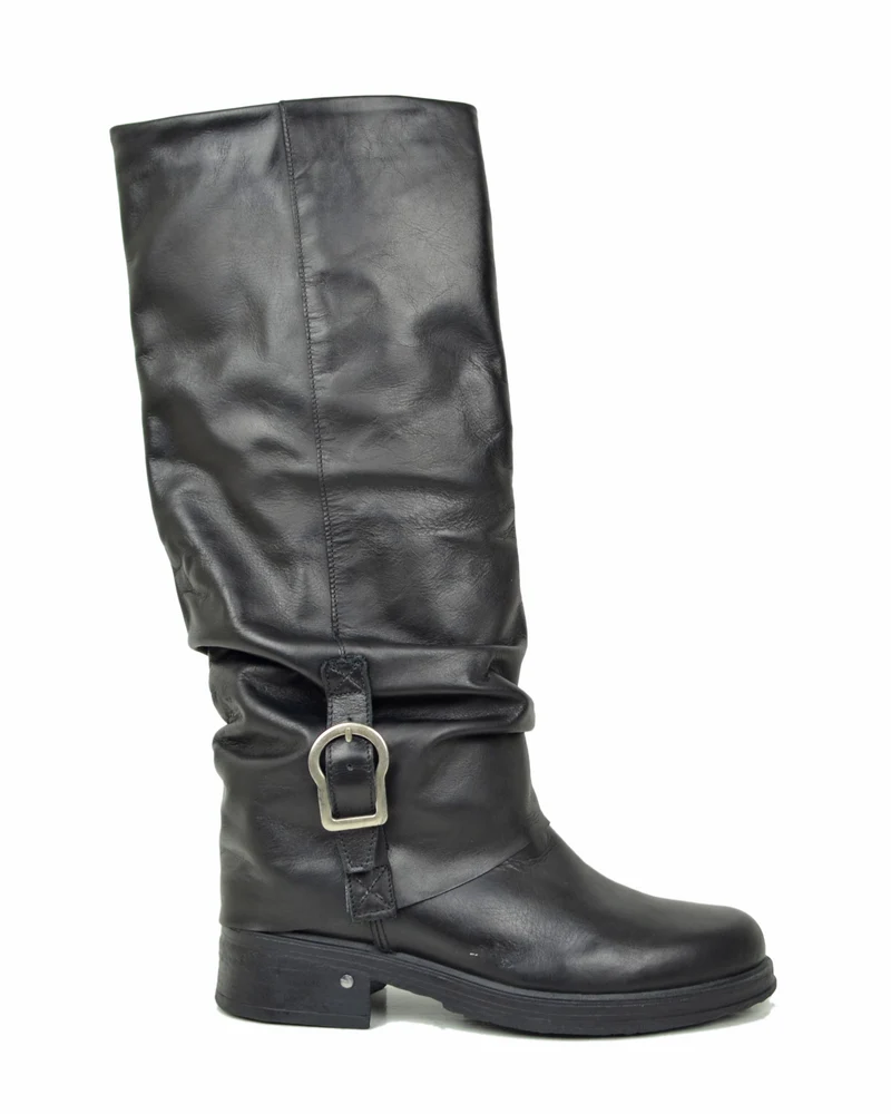 Stivali Biker Con Ghetta Fibbia Argento Vera Pelle Alti Moto KikkiLine
