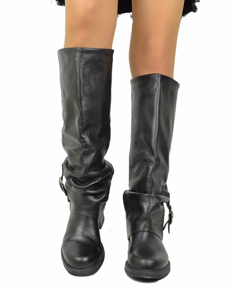 Stivali Biker Con Ghetta Fibbia Argento Vera Pelle Alti Moto KikkiLine