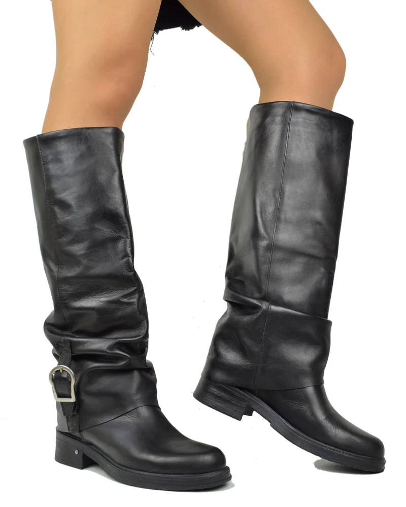Stivali Biker Con Ghetta Fibbia Argento Vera Pelle Alti Moto KikkiLine