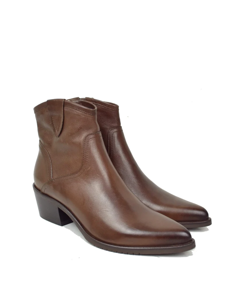 Stivaletti Texani Bassi alla Caviglia Eleganti con Tacco 5 Cm Vera Pelle Cioccolato MADE IN ITALY