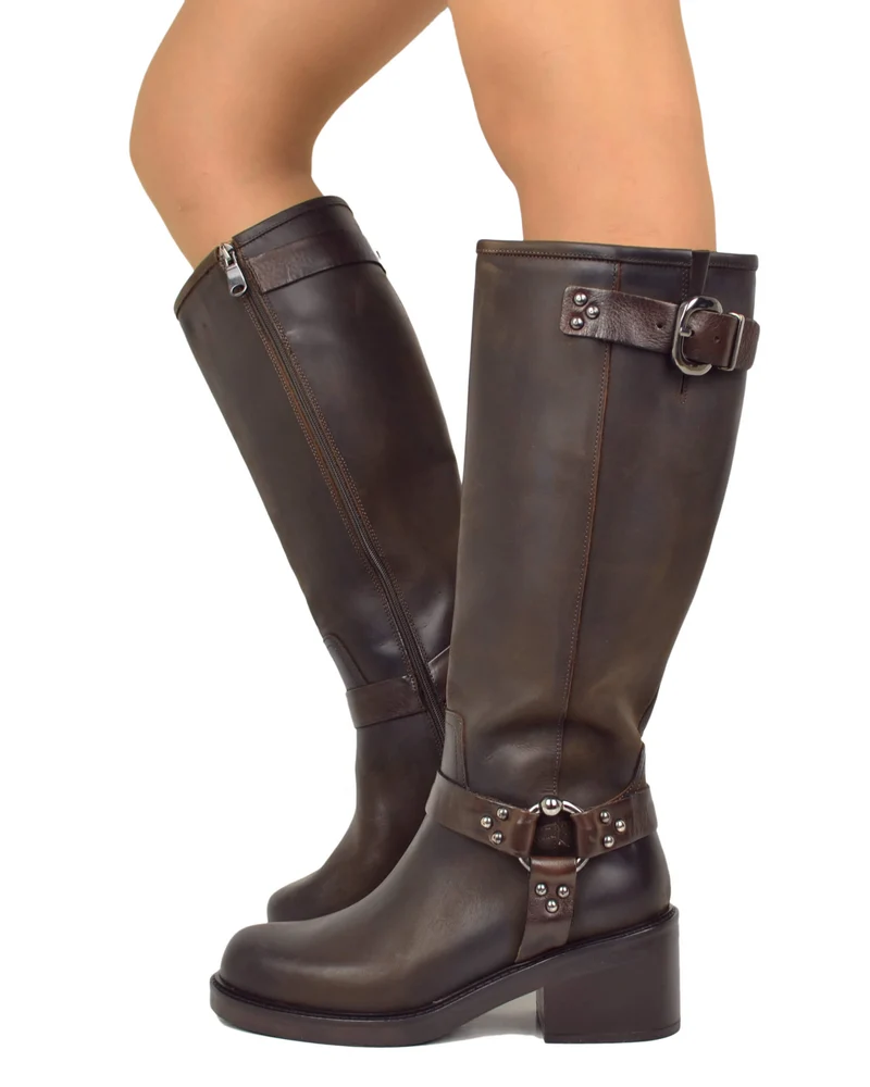 Stivali Biker mix Cavallerizza Alti con Gambale Rigido Fibbie e Tacco 6 cm Marrone Scuro