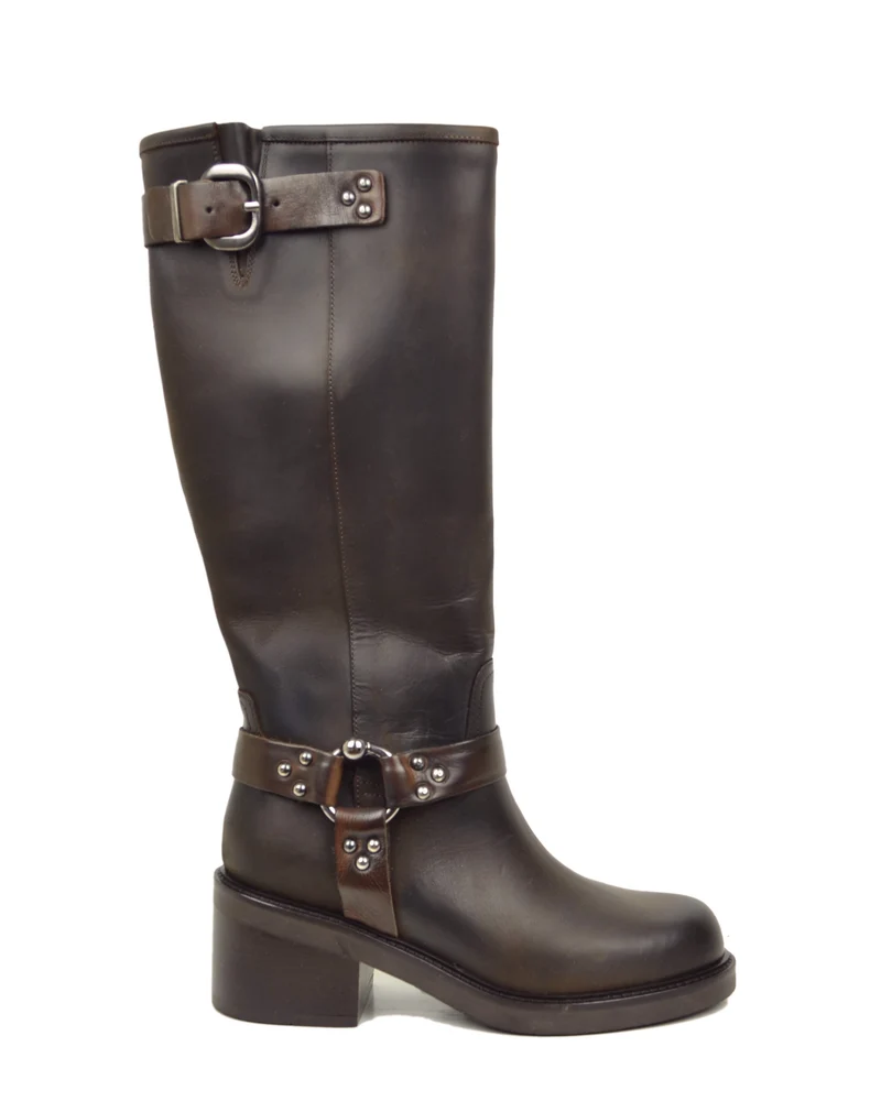 Stivali Biker mix Cavallerizza Alti con Gambale Rigido Fibbie e Tacco 6 cm Marrone Scuro