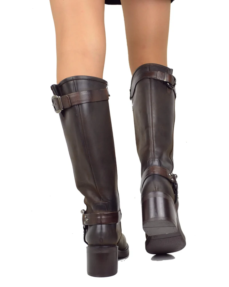 Stivali Biker mix Cavallerizza Alti con Gambale Rigido Fibbie e Tacco 6 cm Marrone Scuro