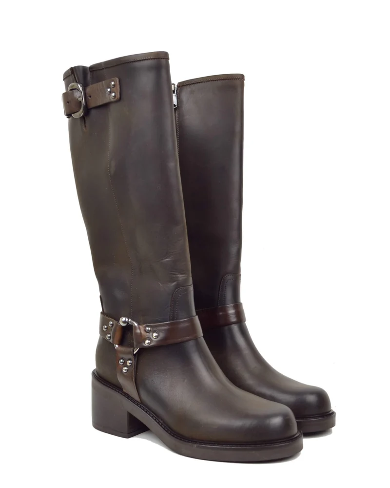 Stivali Biker mix Cavallerizza Alti con Gambale Rigido Fibbie e Tacco 6 cm Marrone Scuro