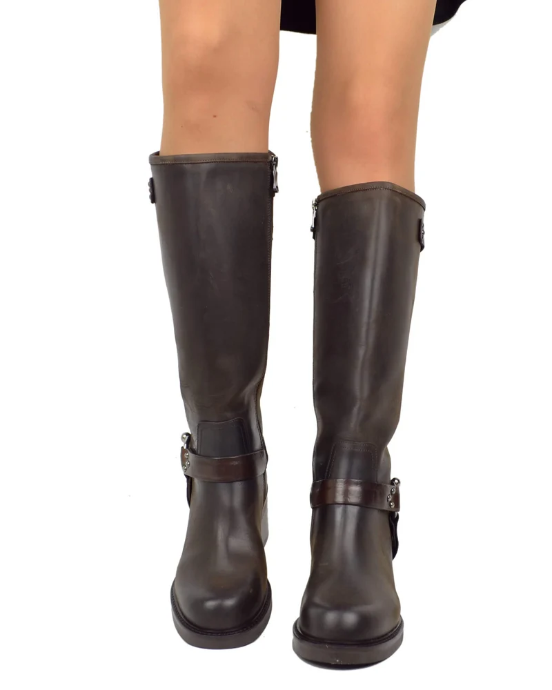 Stivali Biker mix Cavallerizza Alti con Gambale Rigido Fibbie e Tacco 6 cm Marrone Scuro