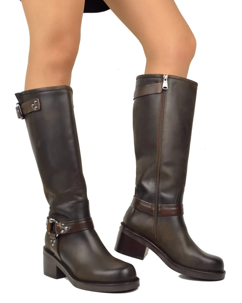 Stivali Biker mix Cavallerizza Alti con Gambale Rigido Fibbie e Tacco 6 cm Marrone Scuro
