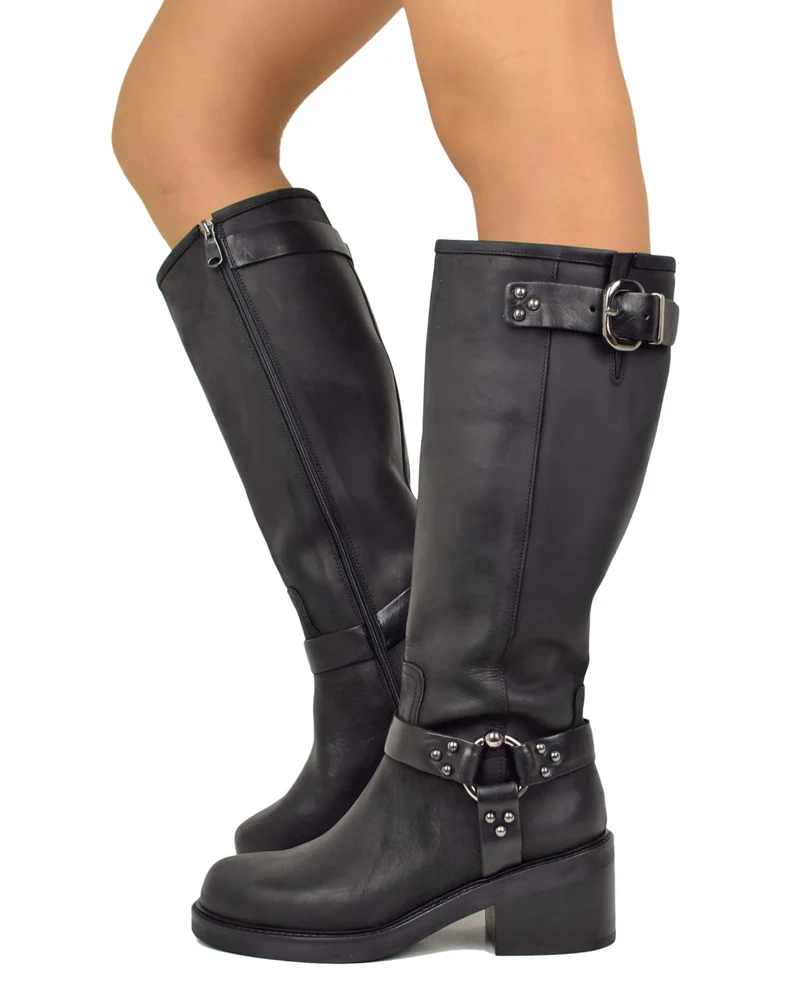Stivali Biker mix Cavallerizza Alti con Gambale Rigido Fibbie e Tacco Neri 6 cm