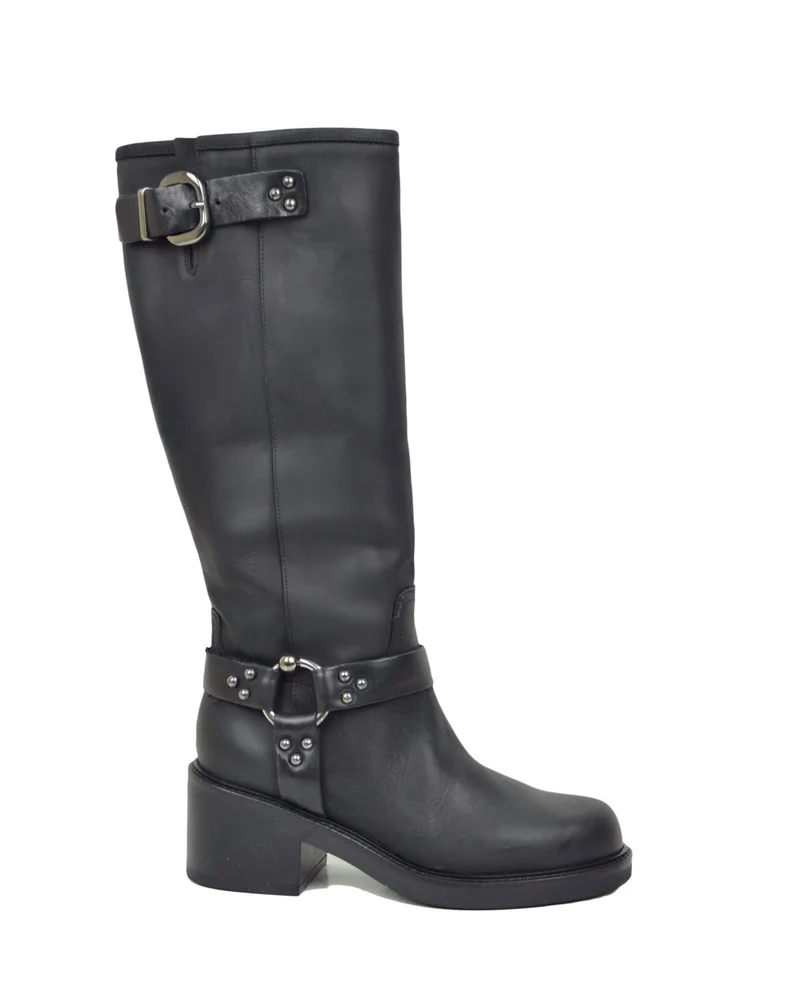 Stivali Biker mix Cavallerizza Alti con Gambale Rigido Fibbie e Tacco Neri 6 cm