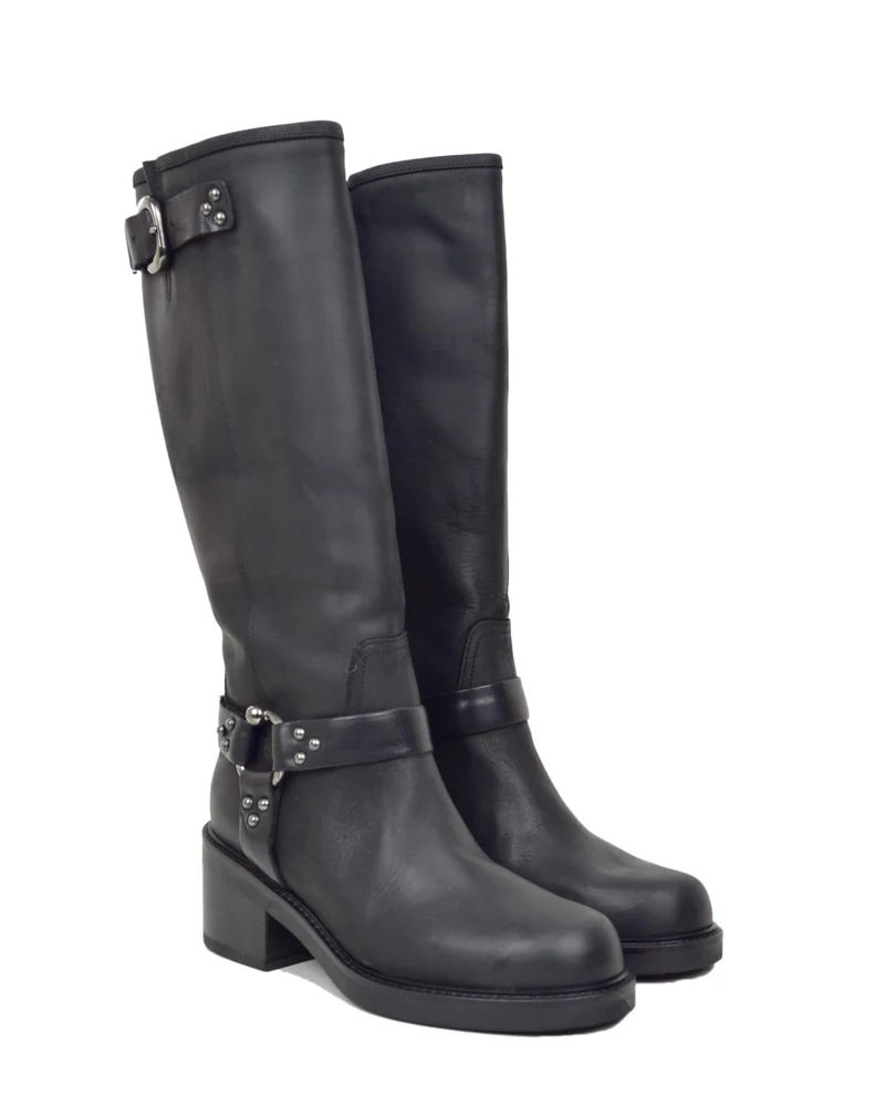 Stivali Biker mix Cavallerizza Alti con Gambale Rigido Fibbie e Tacco Neri 6 cm