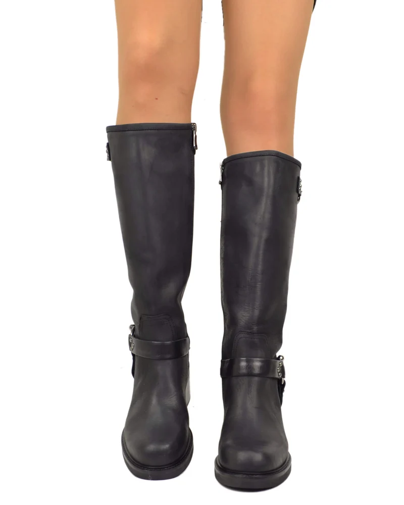 Stivali Biker mix Cavallerizza Alti con Gambale Rigido Fibbie e Tacco Neri 6 cm