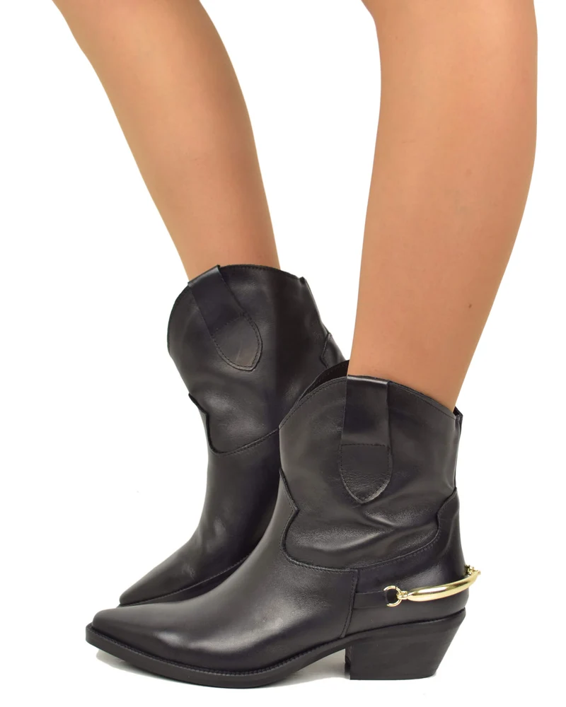 Texani con Morsetto Dorato senza Zip Vera Pelle Nera