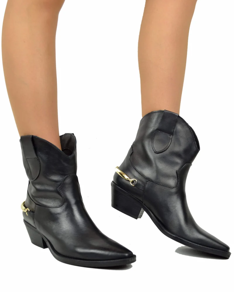 Texani con Morsetto Dorato senza Zip Vera Pelle Nera