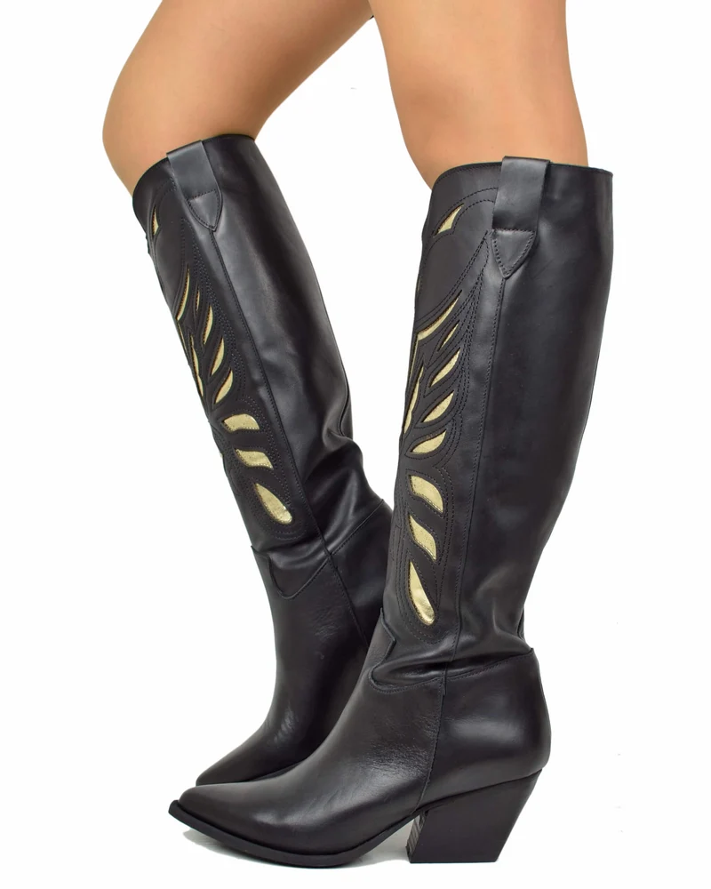 Texani con Intagli DIVINE FOLLIE a Farfalla Dorati Vera Pelle Neri Tacco 7 cm Gambale Alto