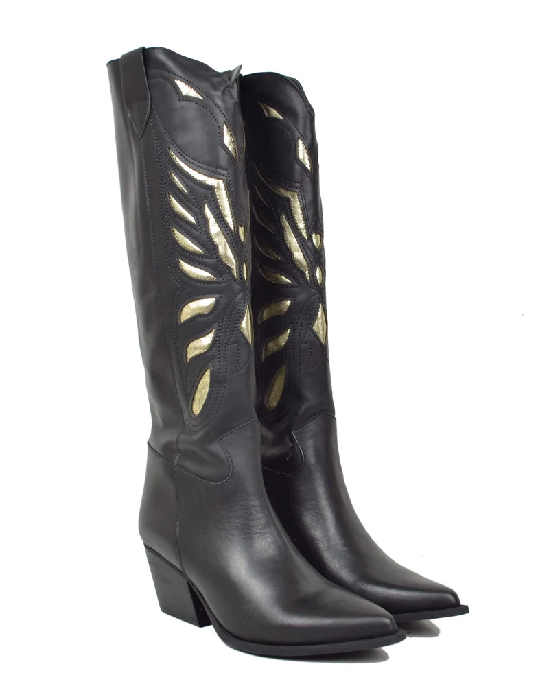 Texani con Intagli DIVINE FOLLIE a Farfalla Dorati Vera Pelle Neri Tacco 7 cm Gambale Alto