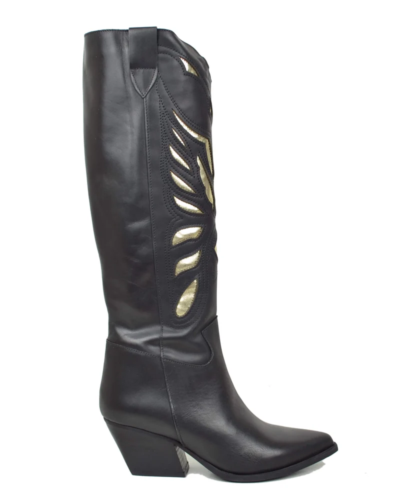 Texani con Intagli DIVINE FOLLIE a Farfalla Dorati Vera Pelle Neri Tacco 7 cm Gambale Alto