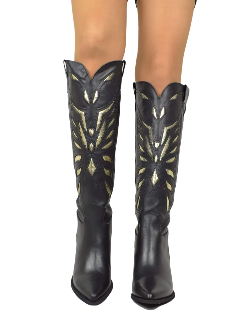 Texani con Intagli DIVINE FOLLIE a Farfalla Dorati Vera Pelle Neri Tacco 7 cm Gambale Alto