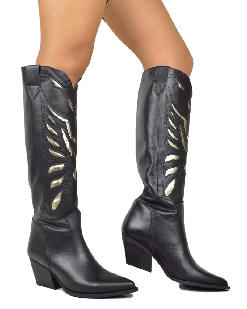 Texani con Intagli DIVINE FOLLIE a Farfalla Dorati Vera Pelle Neri Tacco 7 cm Gambale Alto