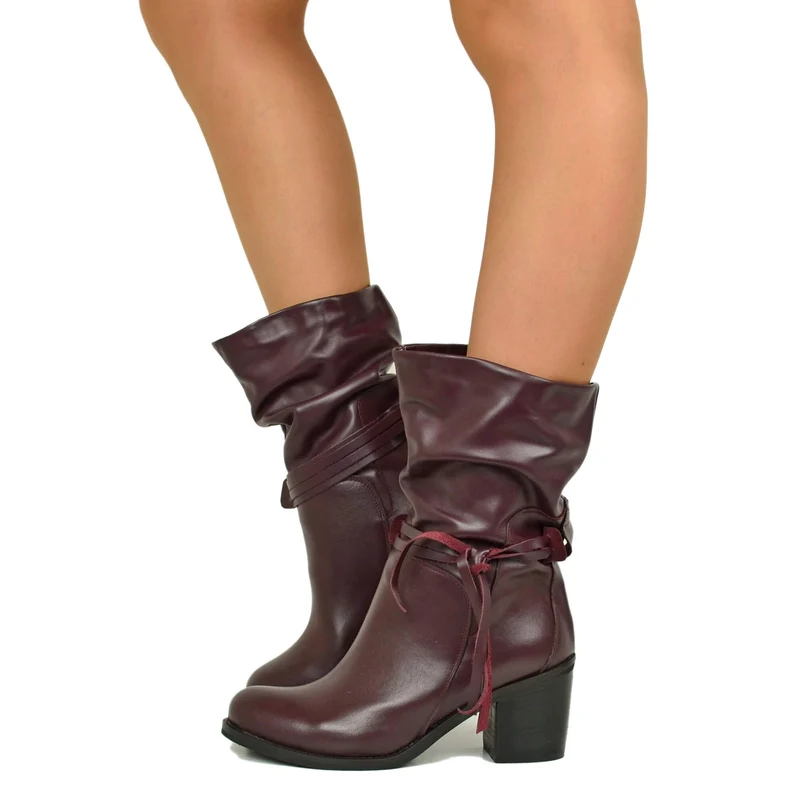 Stivaletti alla Caviglia Classici Plissettati con Tacco Largo 7 cm Bordeaux